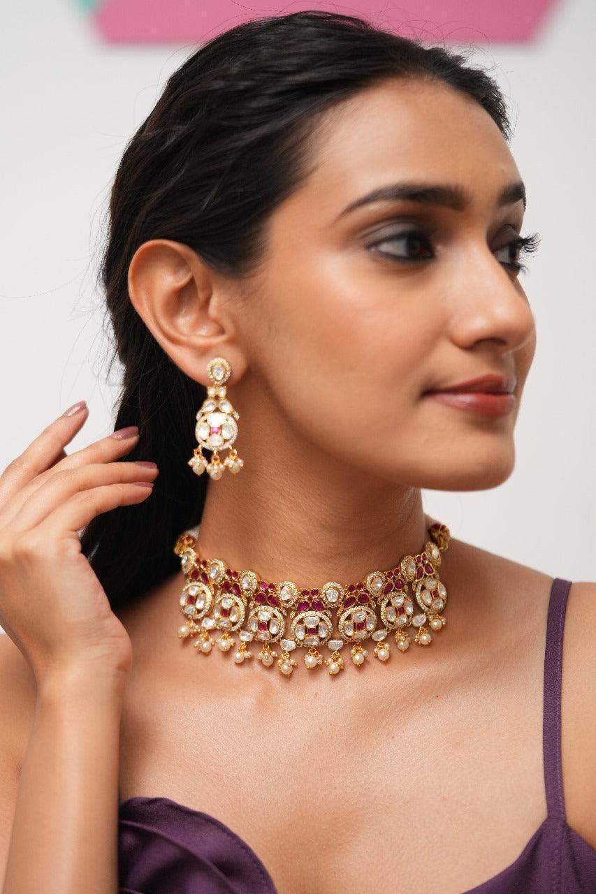 Swati Moissanite Mid Sized Gold Polki Choker Set