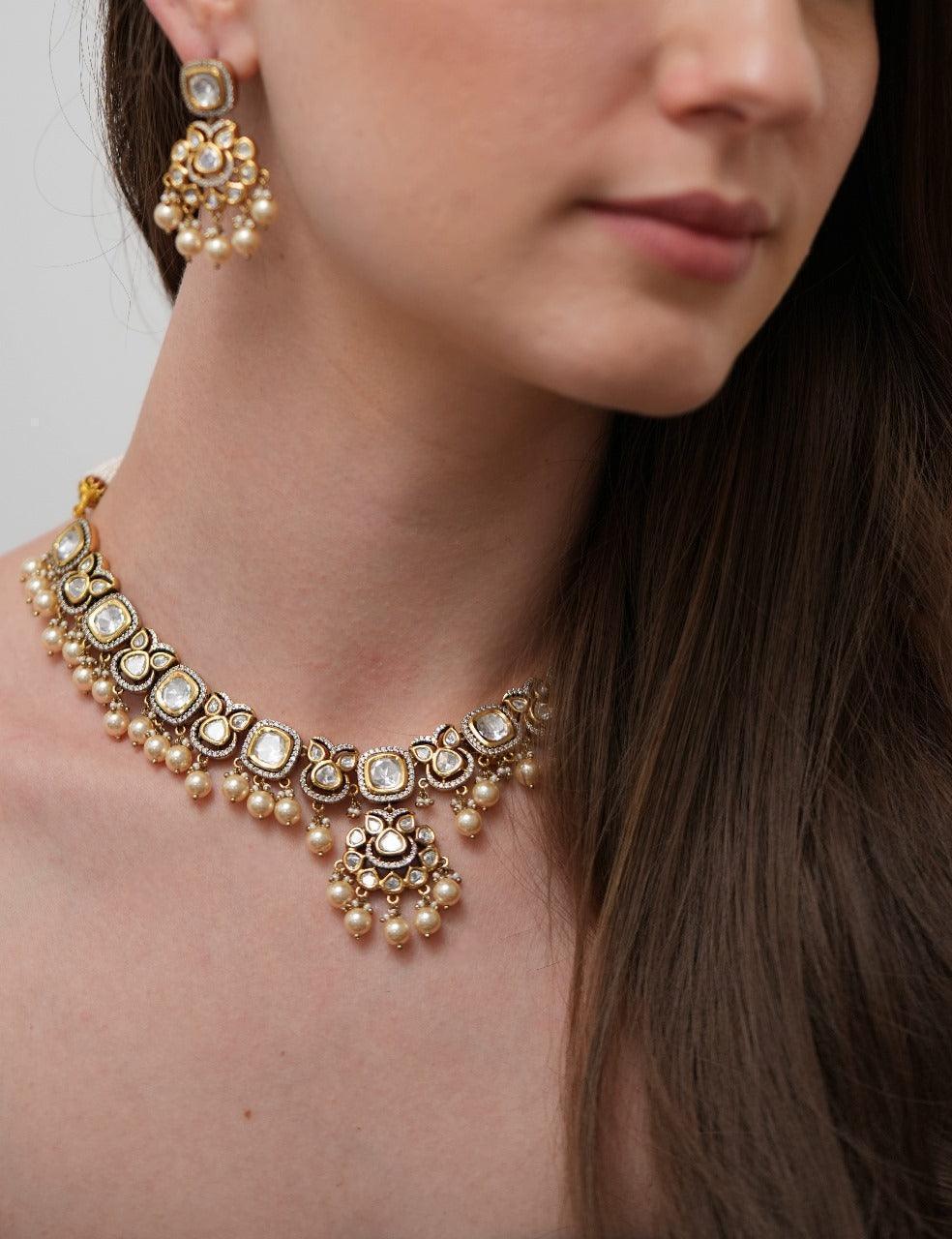 Vilinda Polki Moissanite Antique Gold Necklace Set