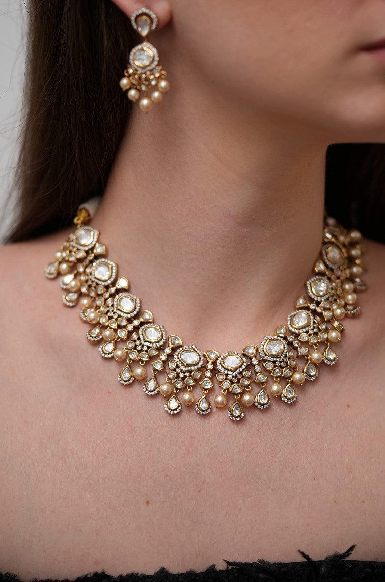 Hazoori Polki Moissanite Antique Gold Necklace Set