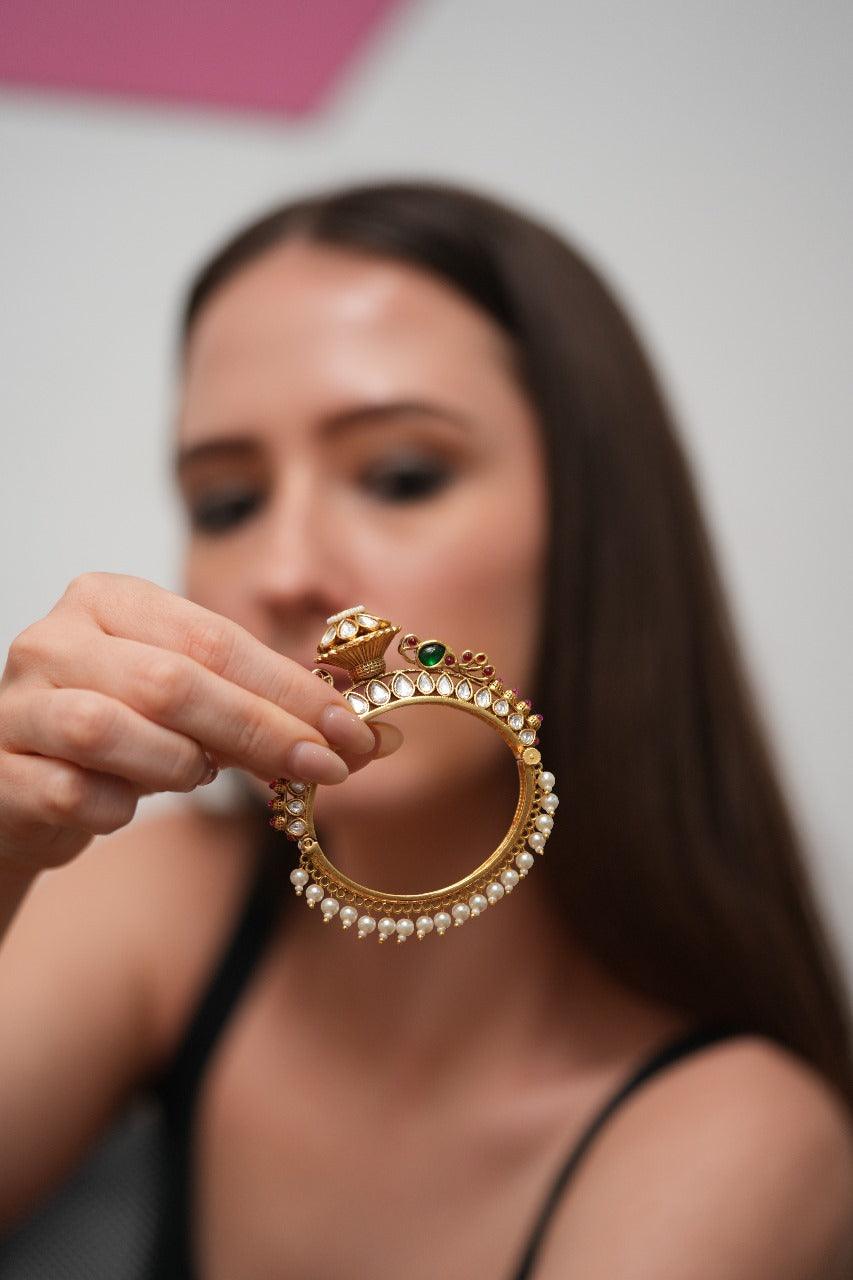 Jigyasa Gokhru Gold Kada Bracelet with Pearl Jhaalar | Sone Pe Suhaga