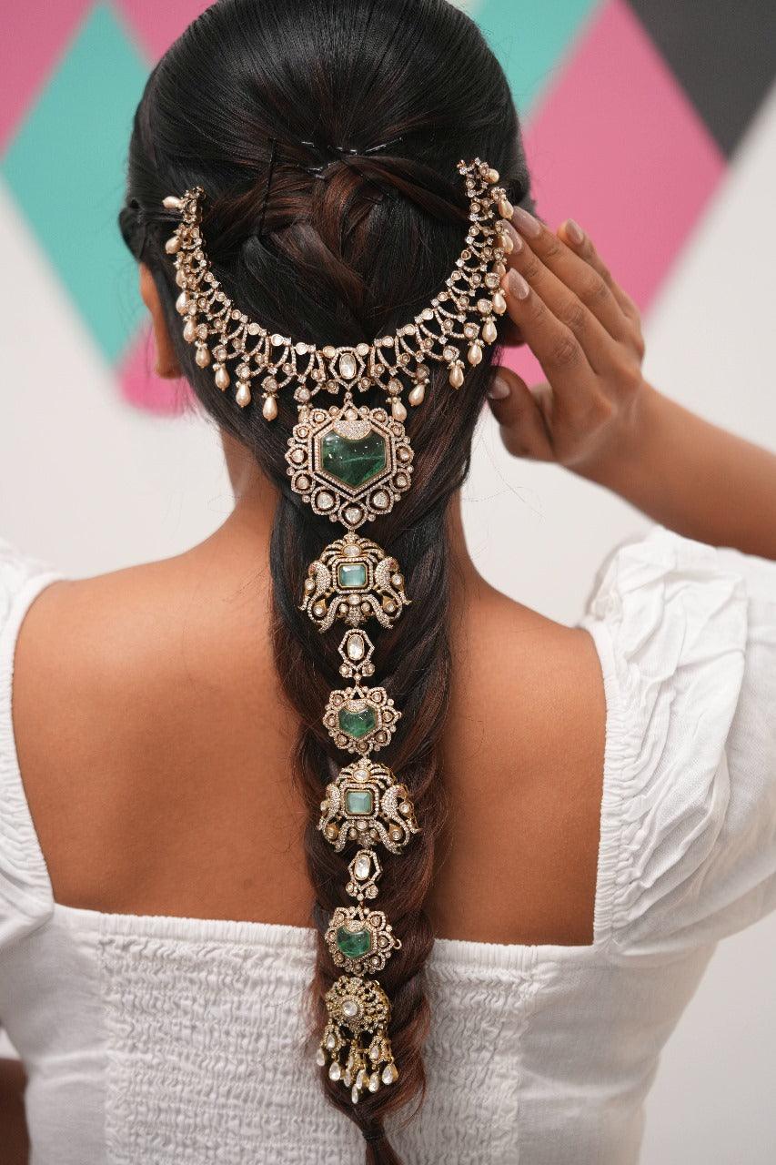 Jadaa Billa Big Hair Chain with Motifs in Polki | Parandi