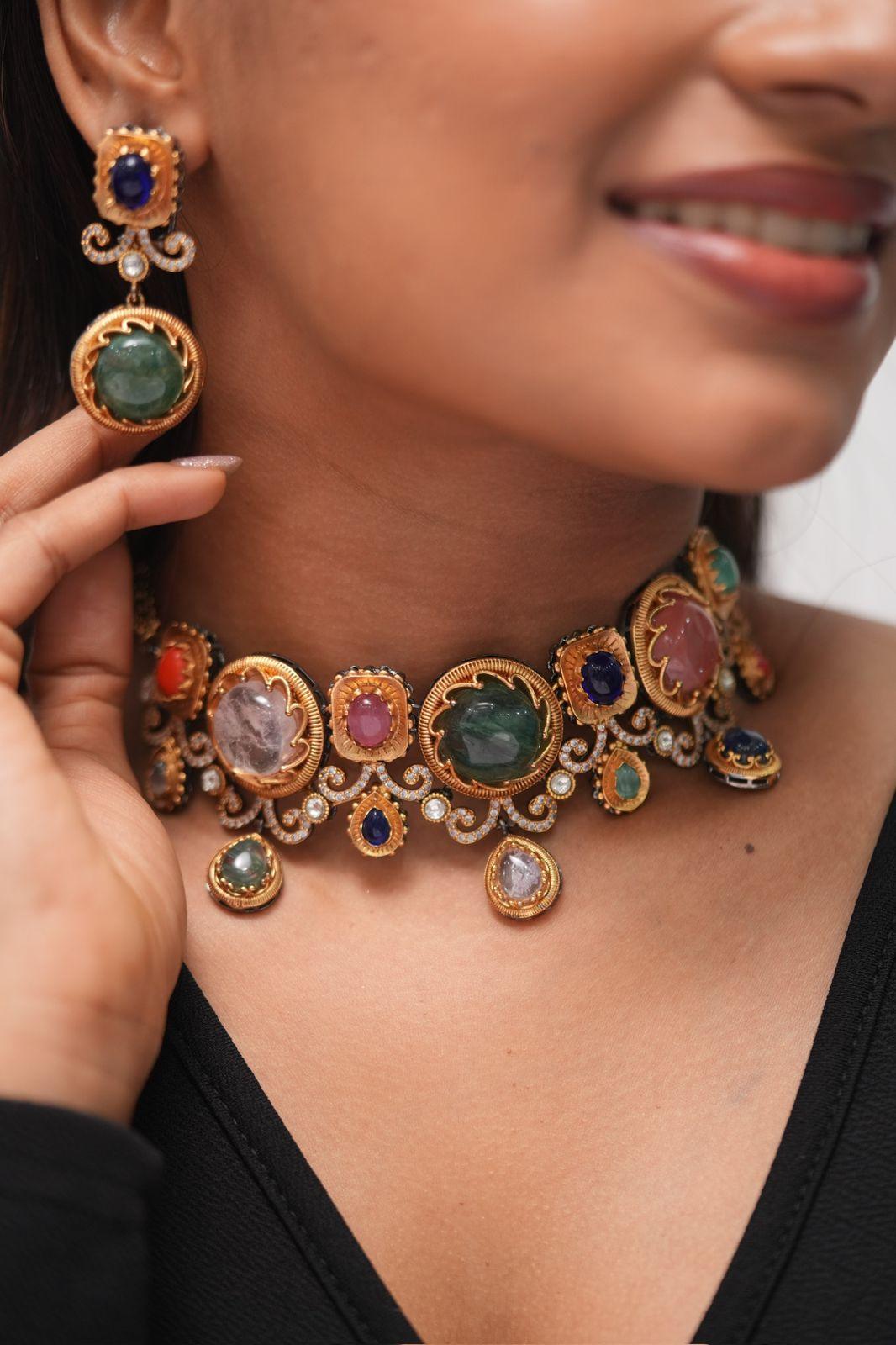 Mid Sized Sabhya Gemstone Multicoloured Choker Set | GemZ