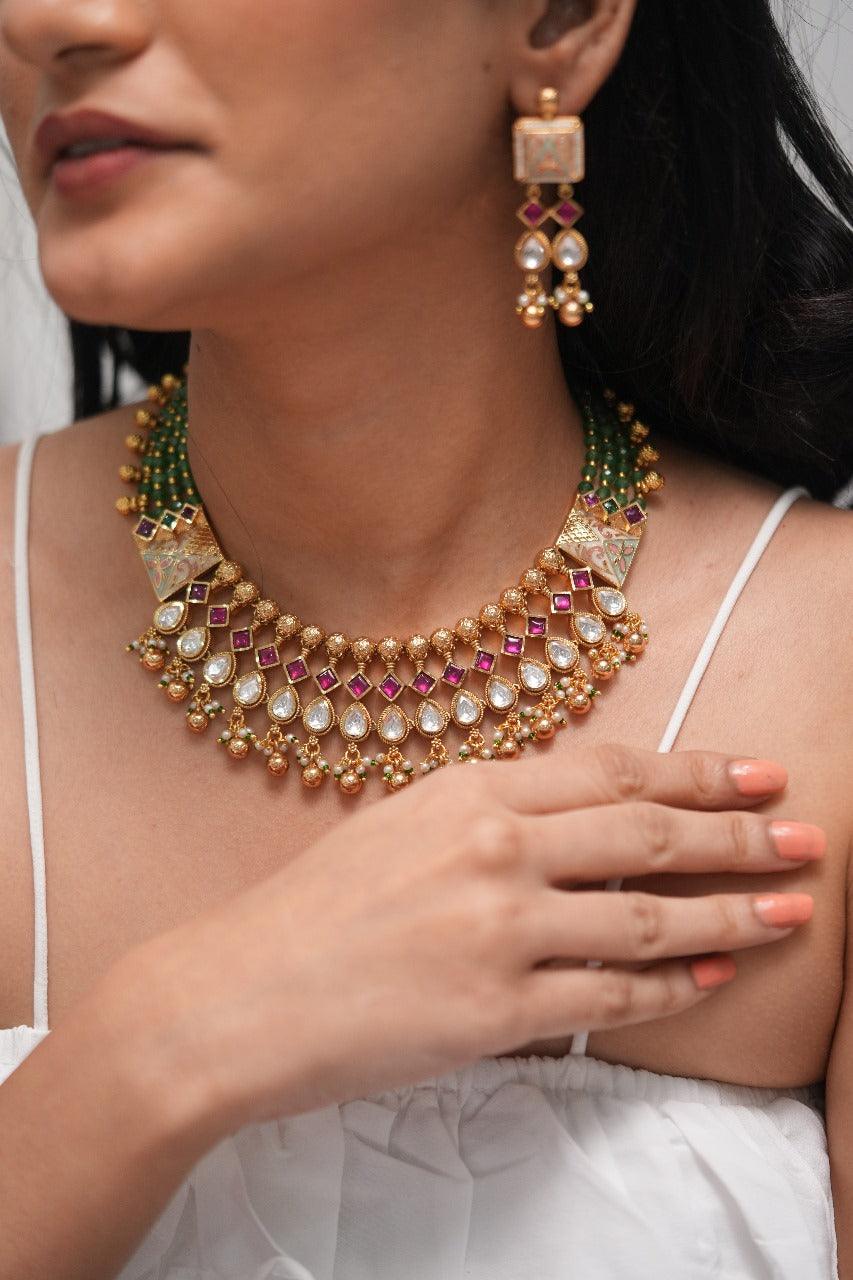 Sulabha Meenakari Gold Necklace Set | Sone Pe Suhaga