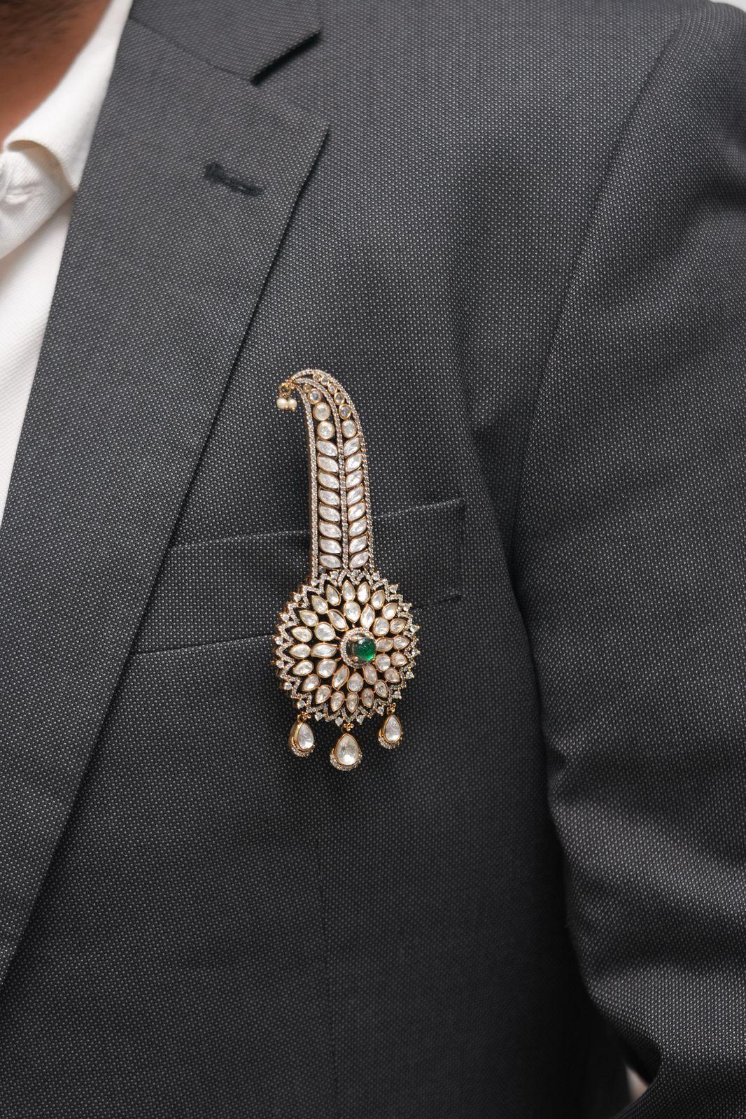 Oberoi Antique Gold Moissanite Drop Kalangi | Brooch for Men