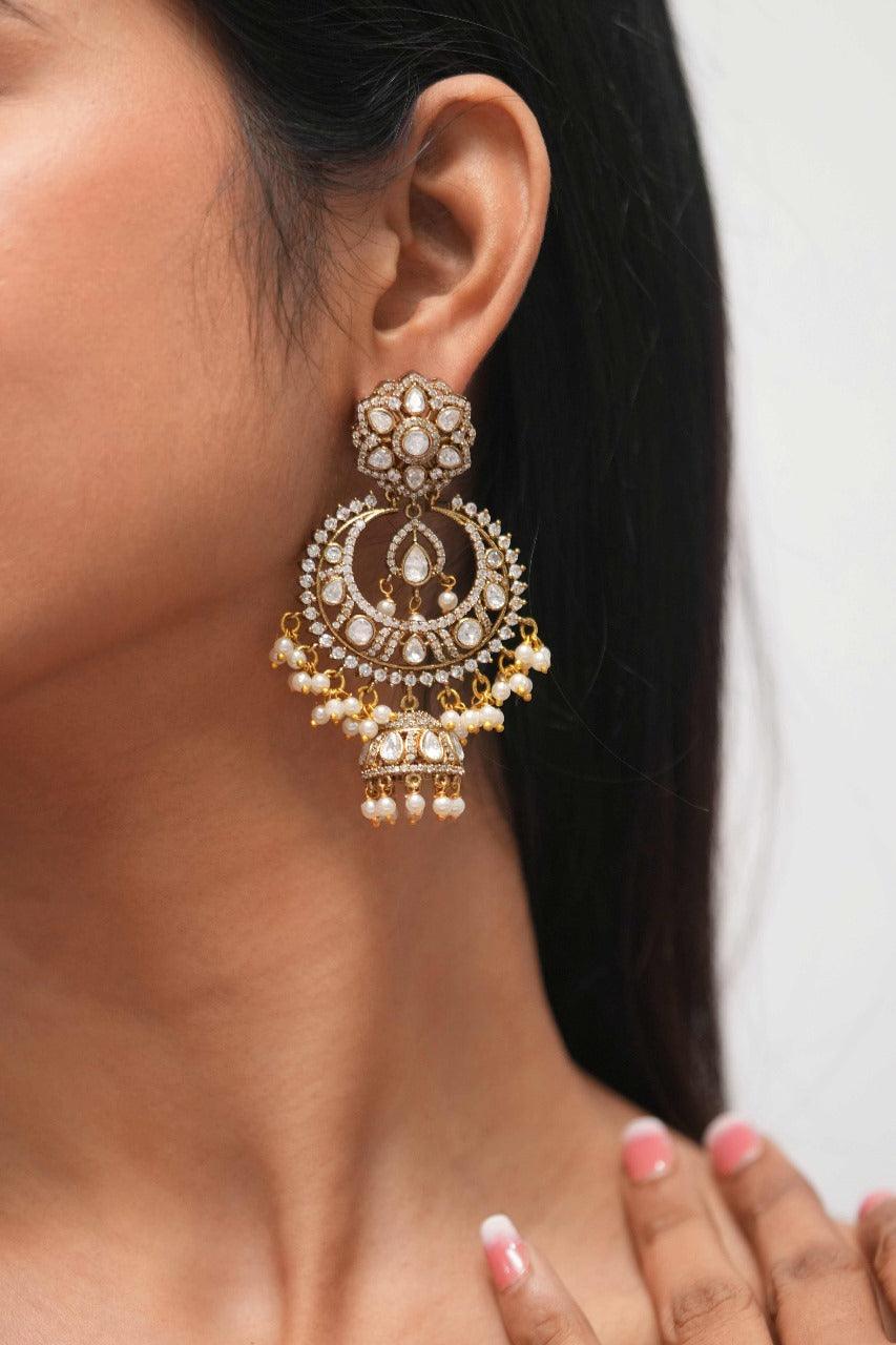 Chandfall Jhumka Moissanite Indian Earring | Antique Gold