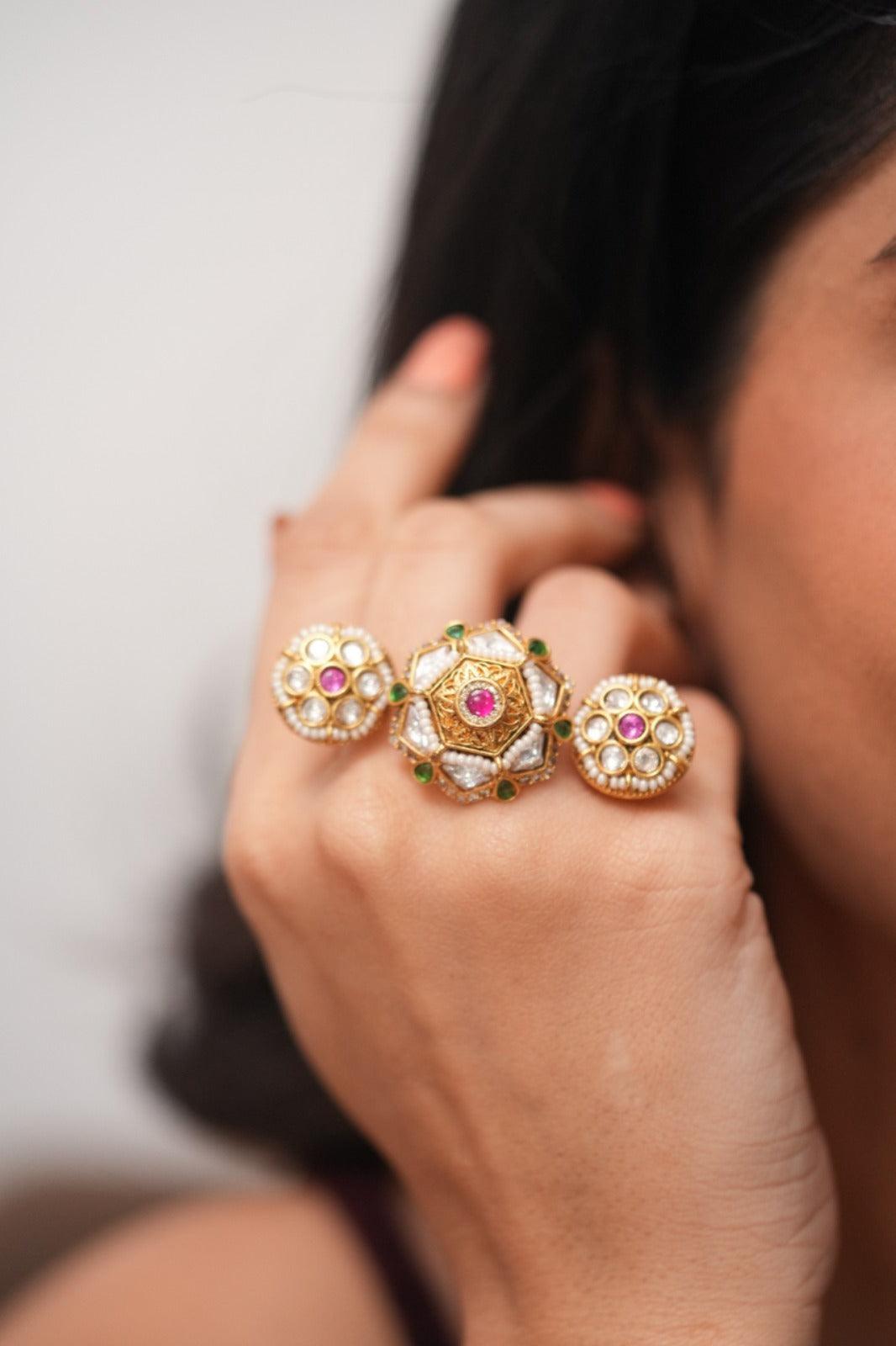 Umisha 3 Finger Polki Gold Statement Ring | Sone Pe Suhaga