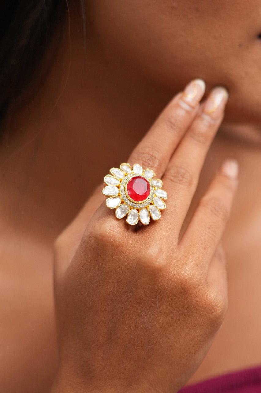 Komal Moissanite Gold Polki Indian Ring| Adjustable