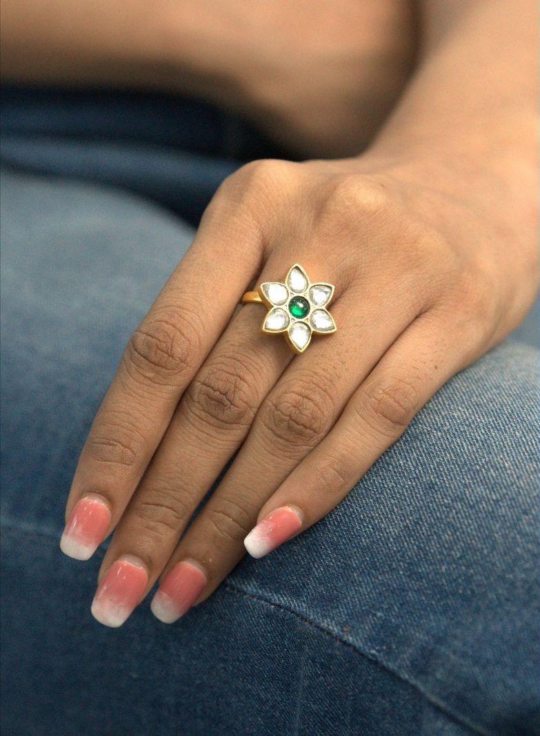 Pankhudi Pachi Polki Indian Ring | Adjustable