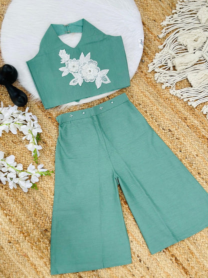 Evanik Green Pure Khadi Cotton With Patch Work Kids Summer Co-Ord Set
