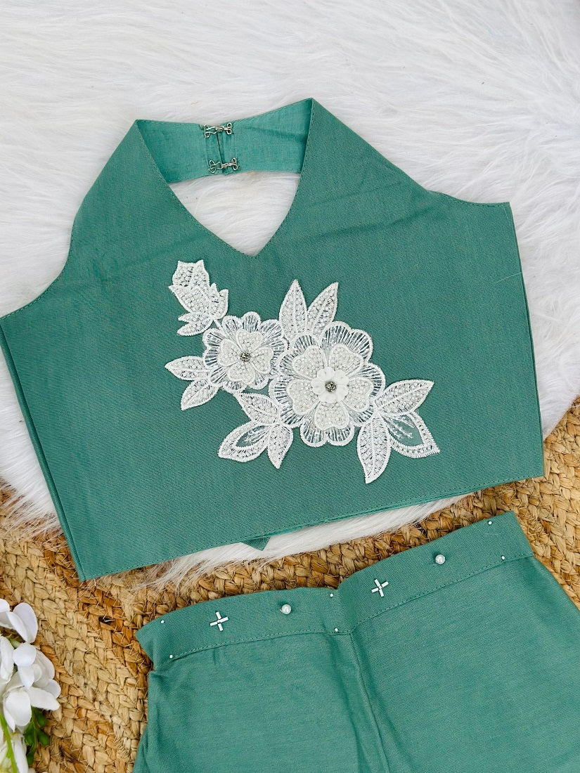 Evanik Green Pure Khadi Cotton With Patch Work Kids Summer Co-Ord Set
