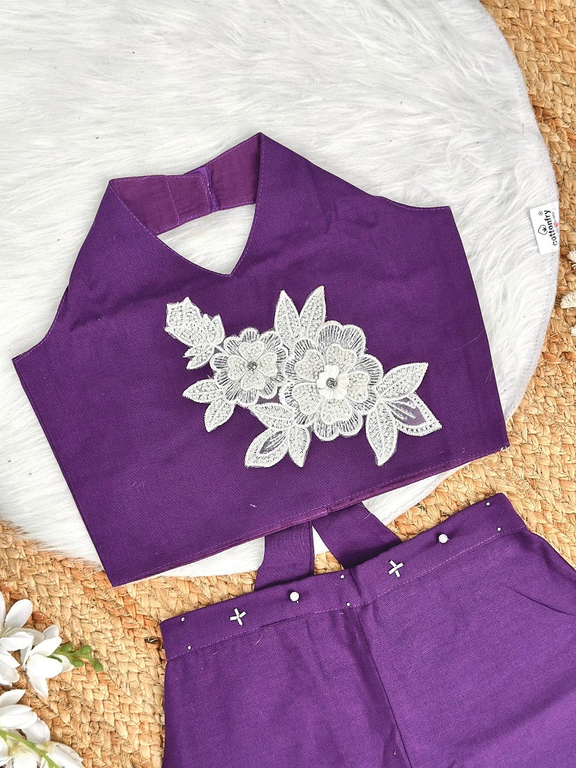 Evanik Purple Pure Khadi Cotton With Patch Work Kids Summer Co-Ord Set