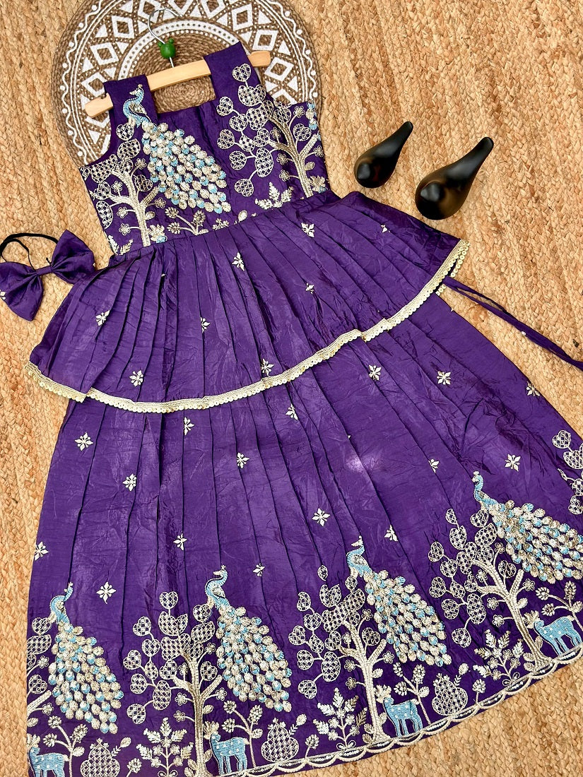 Evanik Purple Pure Gold Crush With Peacock Design Work Kids Lehenga Choli