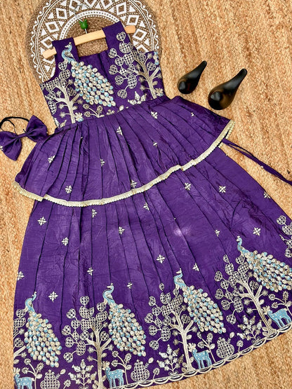 Evanik Purple Pure Gold Crush With Peacock Design Work Kids Lehenga Choli