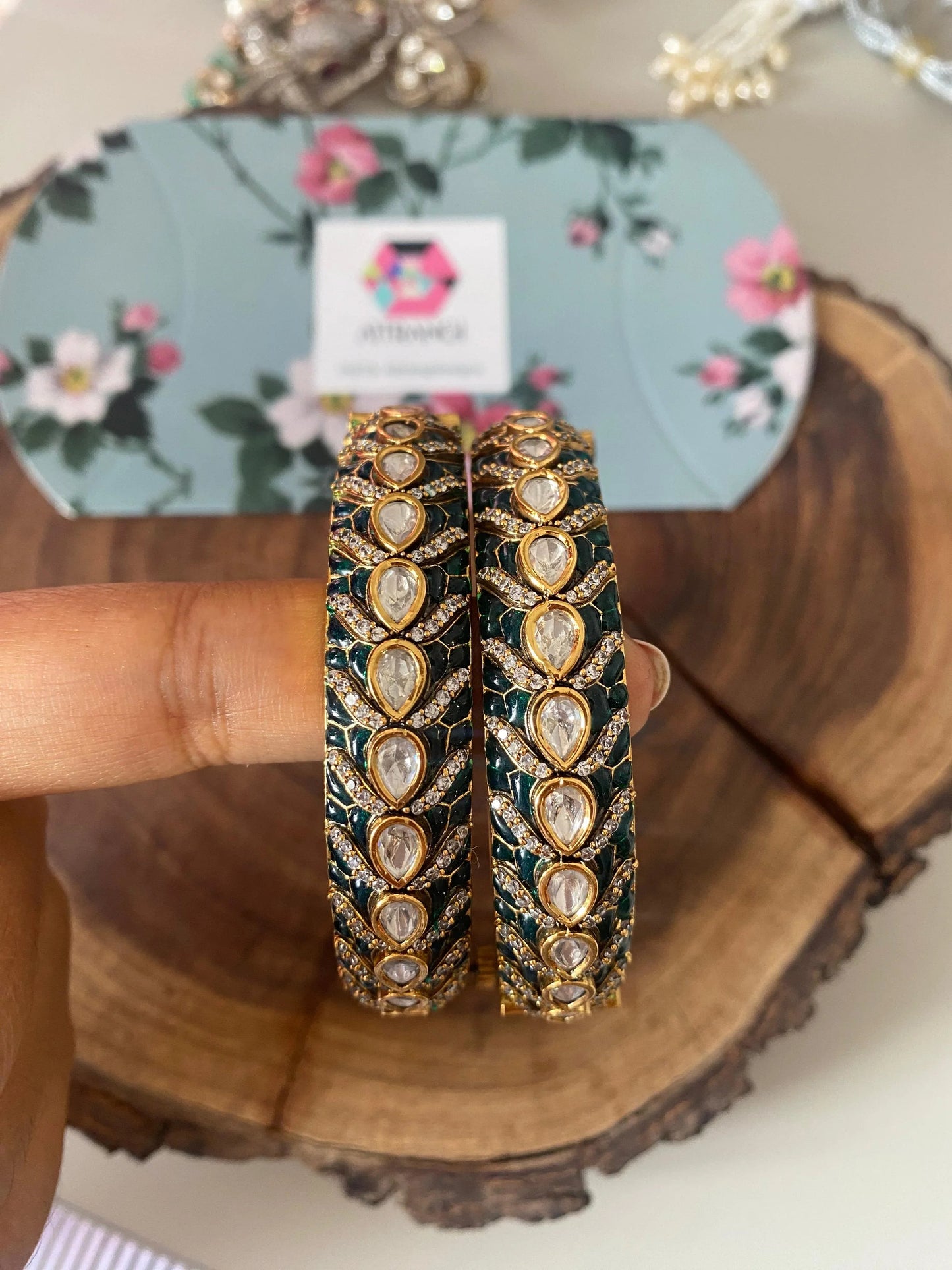 Gayatri Moissanite Indian Kada | Meenakari Epoxy - Green