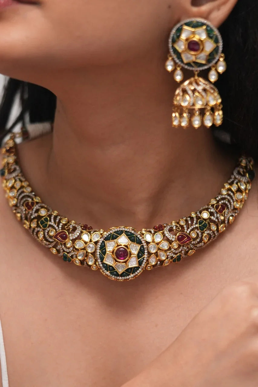 Aadhya Designer Polki Moissanite Hasli with Jhumka