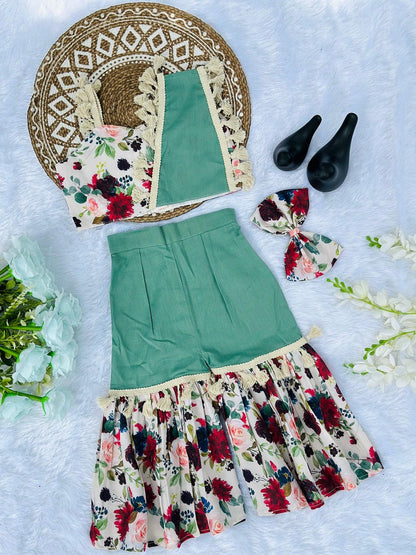 Evanik Green Kids Summer Cotton With Floral Print Co-Ord Set