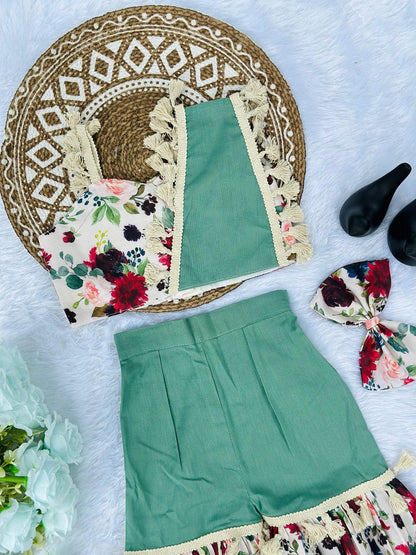 Evanik Green Kids Summer Cotton With Floral Print Co-Ord Set