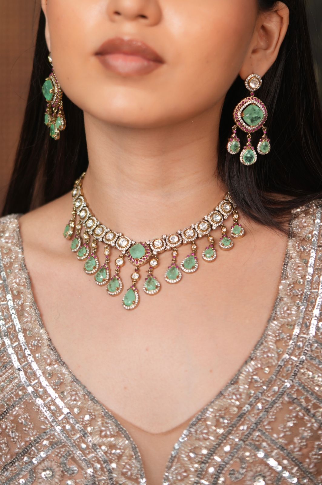 Surbhi Polki Moissanite Ruby Mint Indian Necklace Set with Tika