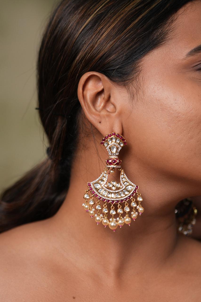 Basanti Moissanite Polki Epoxy Meenakari Chandbali Indian Earring