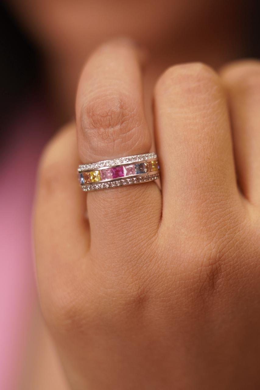 Pastel Rainbow Multicoloured Diamond Band Ring | Daily Wear