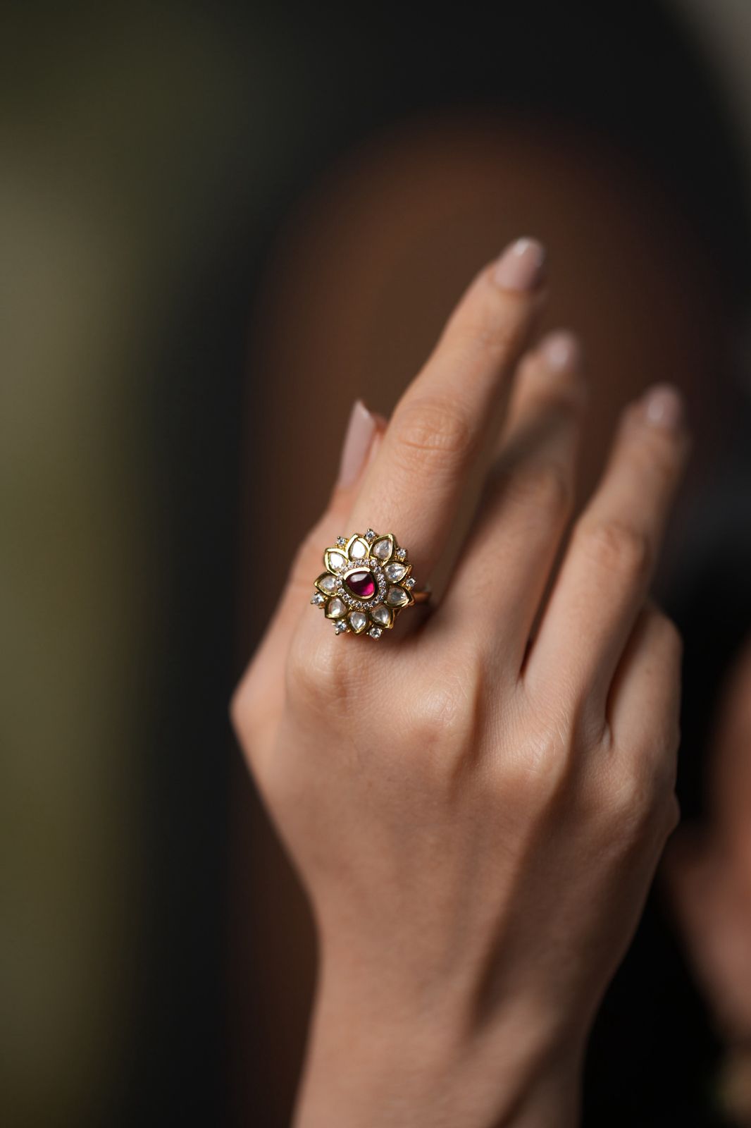 Nutan Polki Moissanite Tiny Floral Uncut Diamond Ring | Adjustable