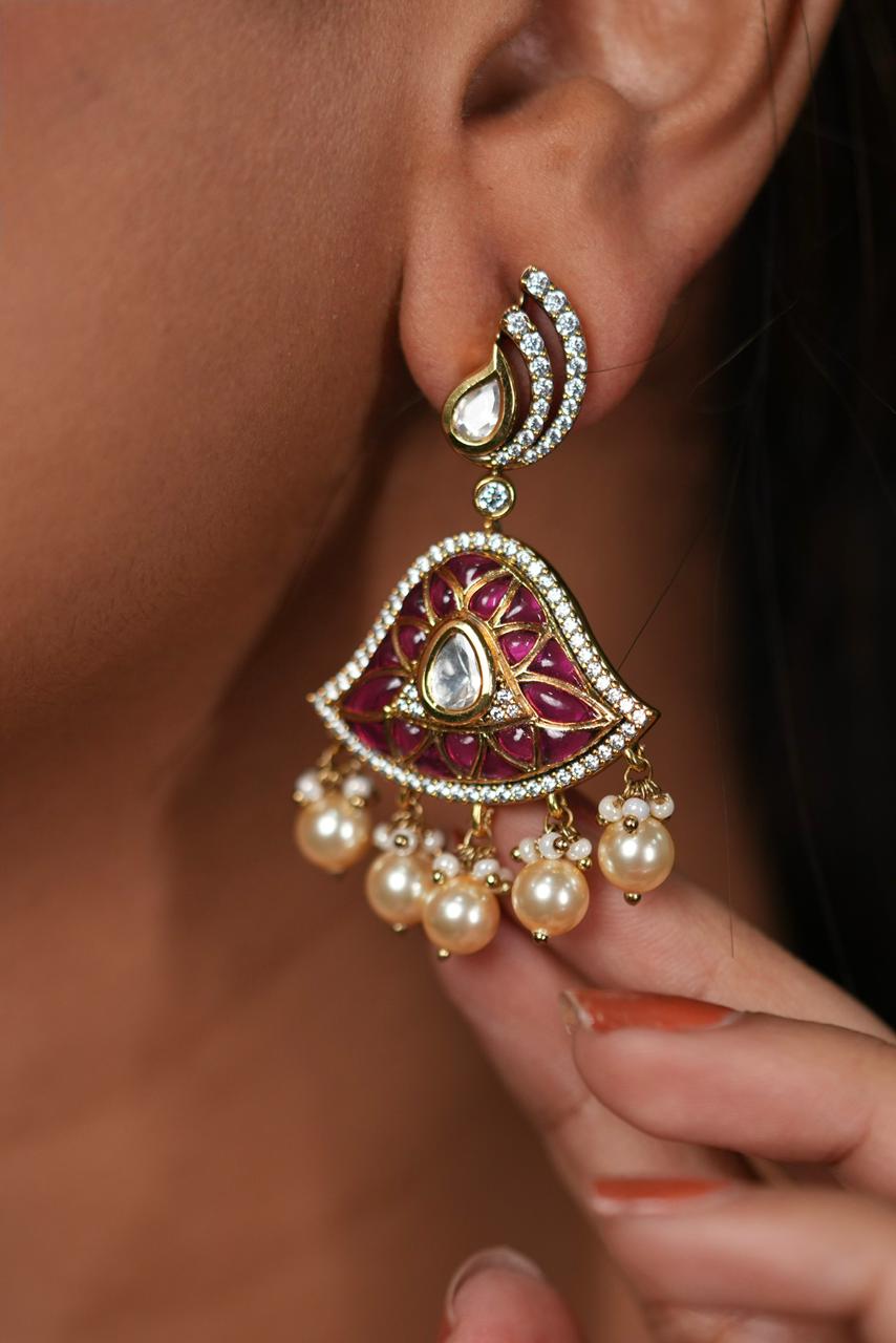 Greesha Moissanite Mid Sized Polki Dangler Indian Earrings