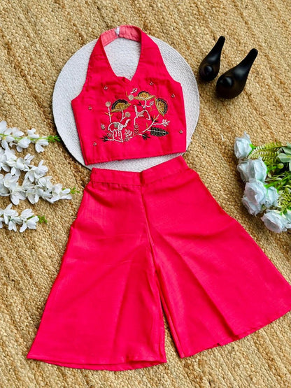 Evanik Pink Premium Pure Cotton Fabric With Hand Work Kids Co-Ord Set