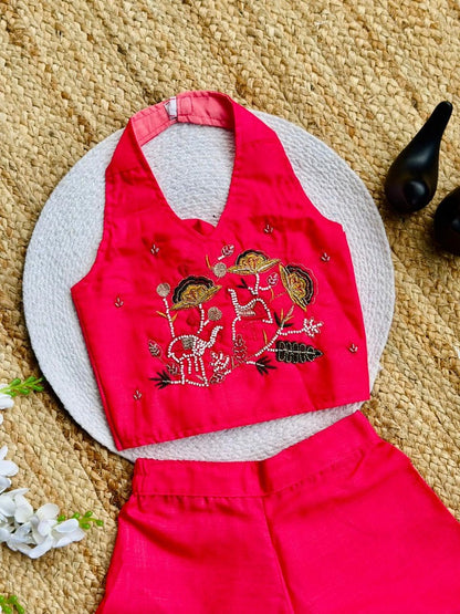 Evanik Pink Premium Pure Cotton Fabric With Hand Work Kids Co-Ord Set
