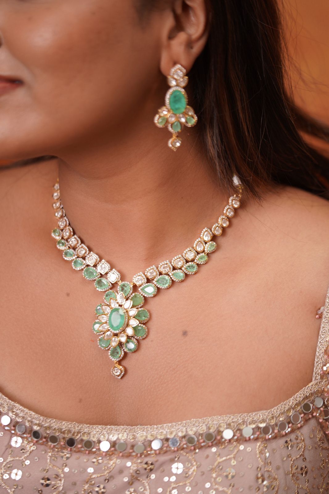 Tanishka Mint Moissanite Indo Western Polki Set | Russian Emerald