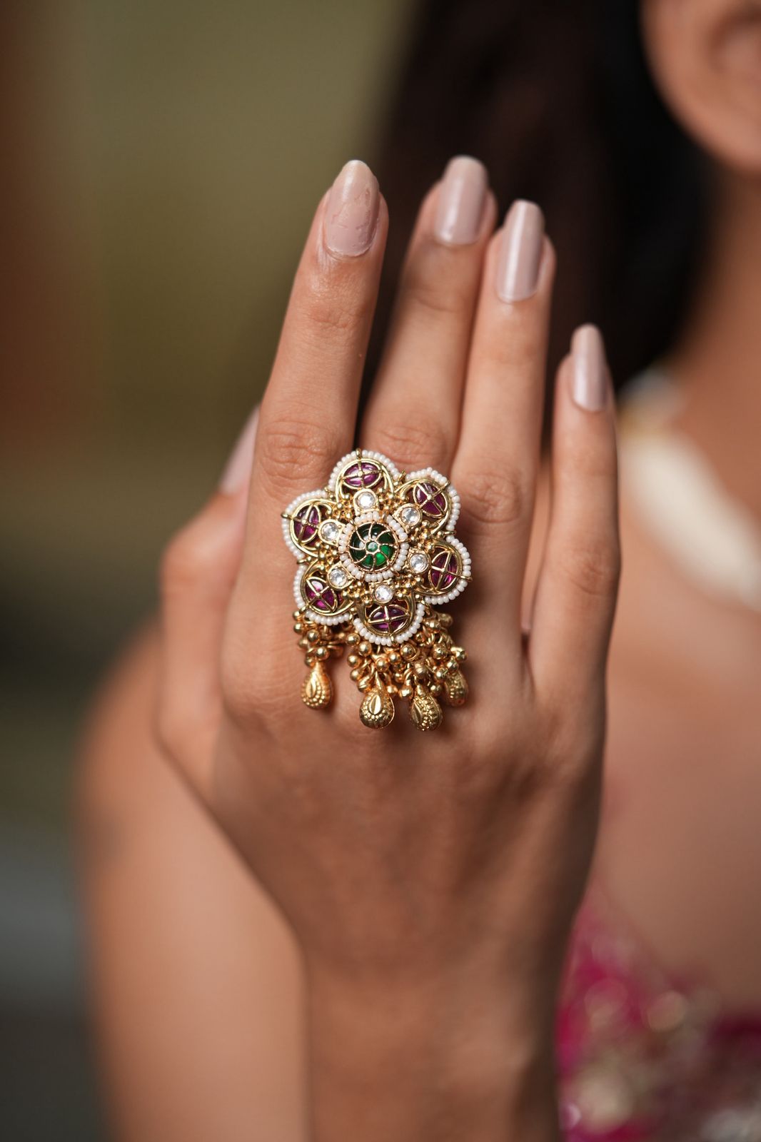 Rekha Gold Traditional Ruby Emerald Ring | Sone Pe Suhaga