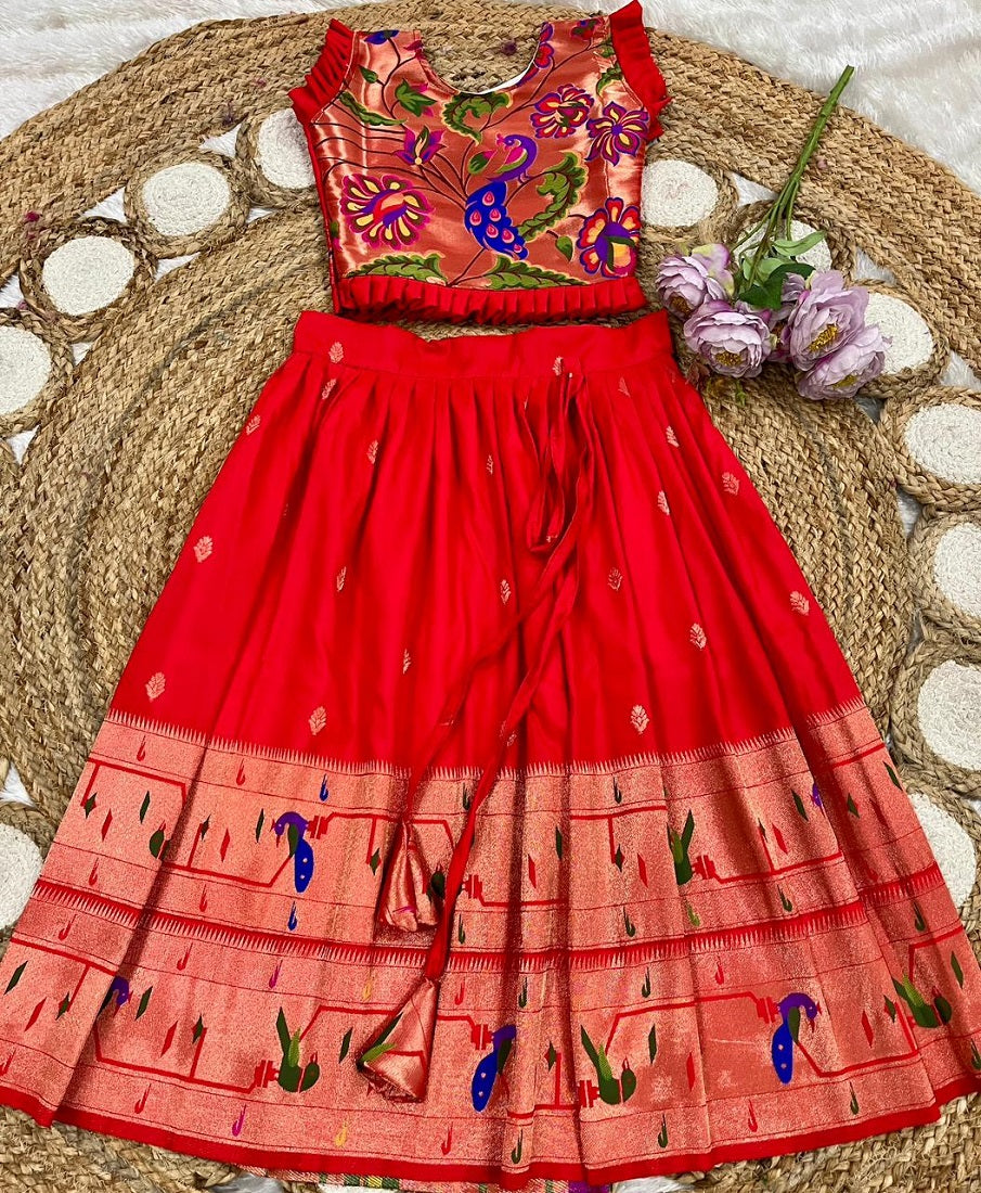 Evanik Designer Red Soft Silk Paithani Design Lehenga Choli For Girls-Party & Ethnic Wear