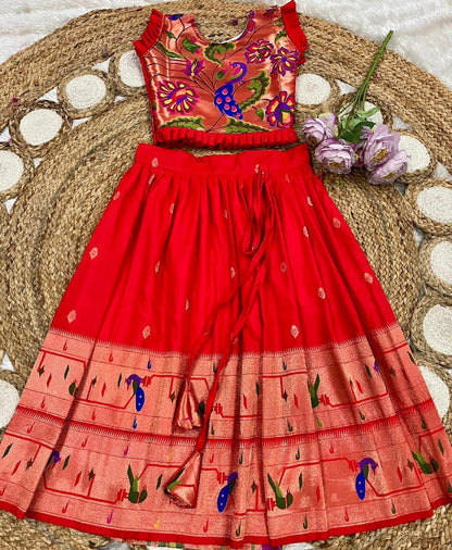 Evanik Designer Red Soft Silk Paithani Design Lehenga Choli For Girls-Party & Ethnic Wear