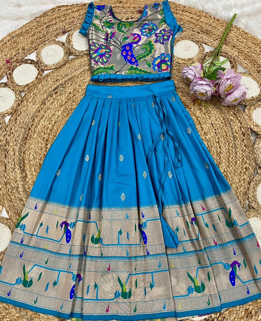 Evanik Designer Firozi Blue Soft Silk Paithani Design Lehenga Choli For Girls-Party & Ethnic Wear