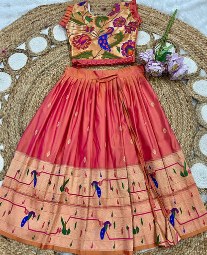 Evanik Designer Coral Pink Soft Silk Paithani Design Lehenga Choli For Girls-Party & Ethnic Wear