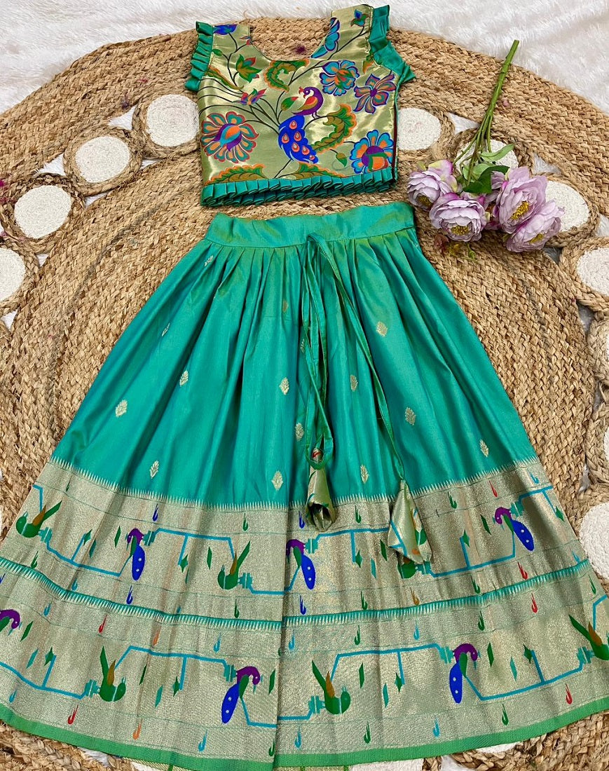 Evanik Designer Bottlegreen Soft Silk Paithani Design Lehenga Choli For Girls-Party & Ethnic Wear