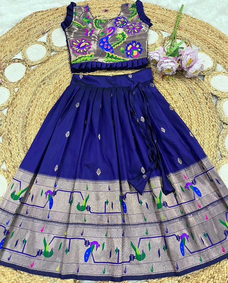 Evanik Designer Navyblue Soft Silk Paithani Design Lehenga Choli For Girls-Party & Ethnic Wear