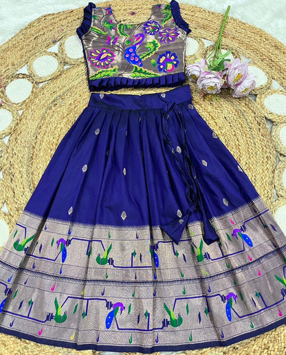 Evanik Designer Navyblue Soft Silk Paithani Design Lehenga Choli For Girls-Party & Ethnic Wear
