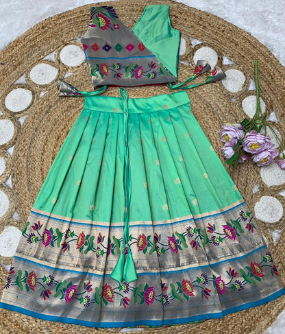 Evanik Turquoise Kids Paithani Silk Lotus Pattern Lehenga Choli