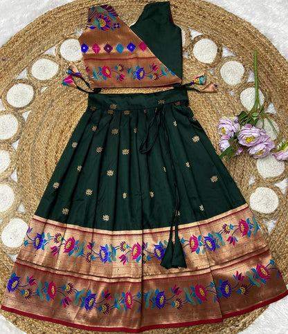 Evanik Green Kids Paithani Silk Lotus Pattern Lehenga Choli
