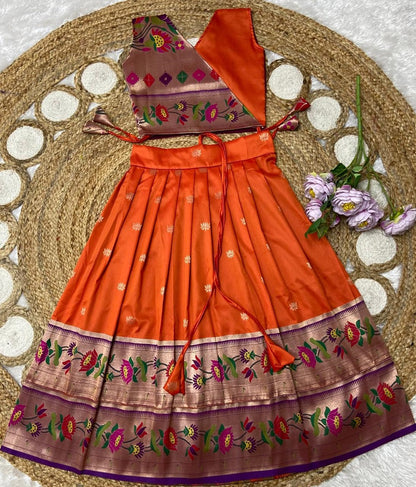 Evanik Orange Kids Paithani Silk Lotus Pattern Lehenga Choli