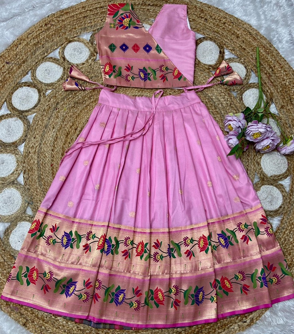 Evanik Pink Kids Paithani Silk Lotus Pattern Lehenga Choli
