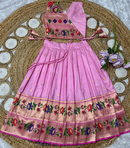 Evanik Pink Kids Paithani Silk Lotus Pattern Lehenga Choli