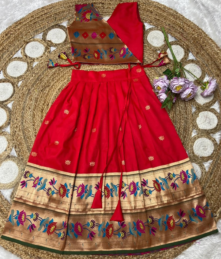 Evanik Red Kids Paithani Silk Lotus Pattern Lehenga Choli