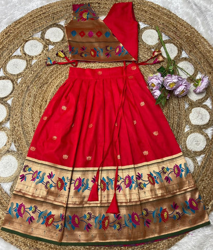 Evanik Red Kids Paithani Silk Lotus Pattern Lehenga Choli