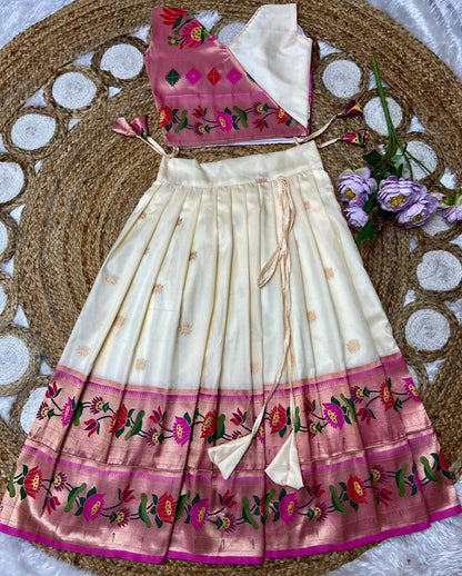 Evanik White Kids Paithani Silk Lotus Pattern Lehenga Choli