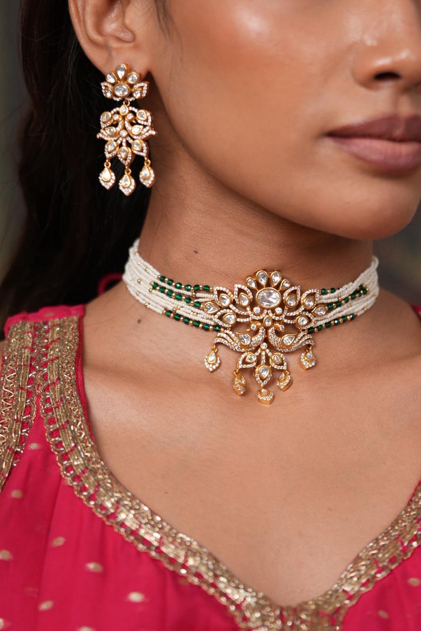 Anita Polki Moissanite Choker Set with Emeralds