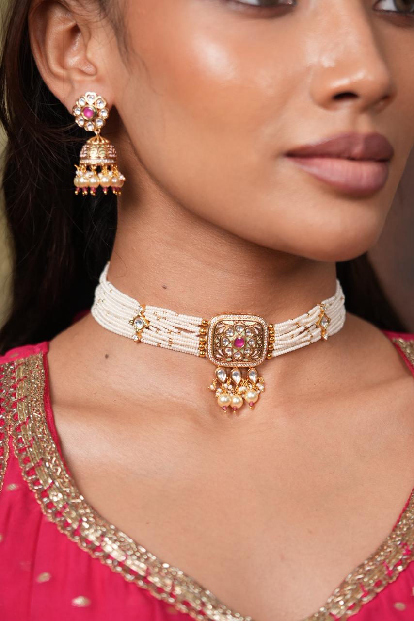 Aari Nakshi Polki Moissanite Meenakari Choker Set