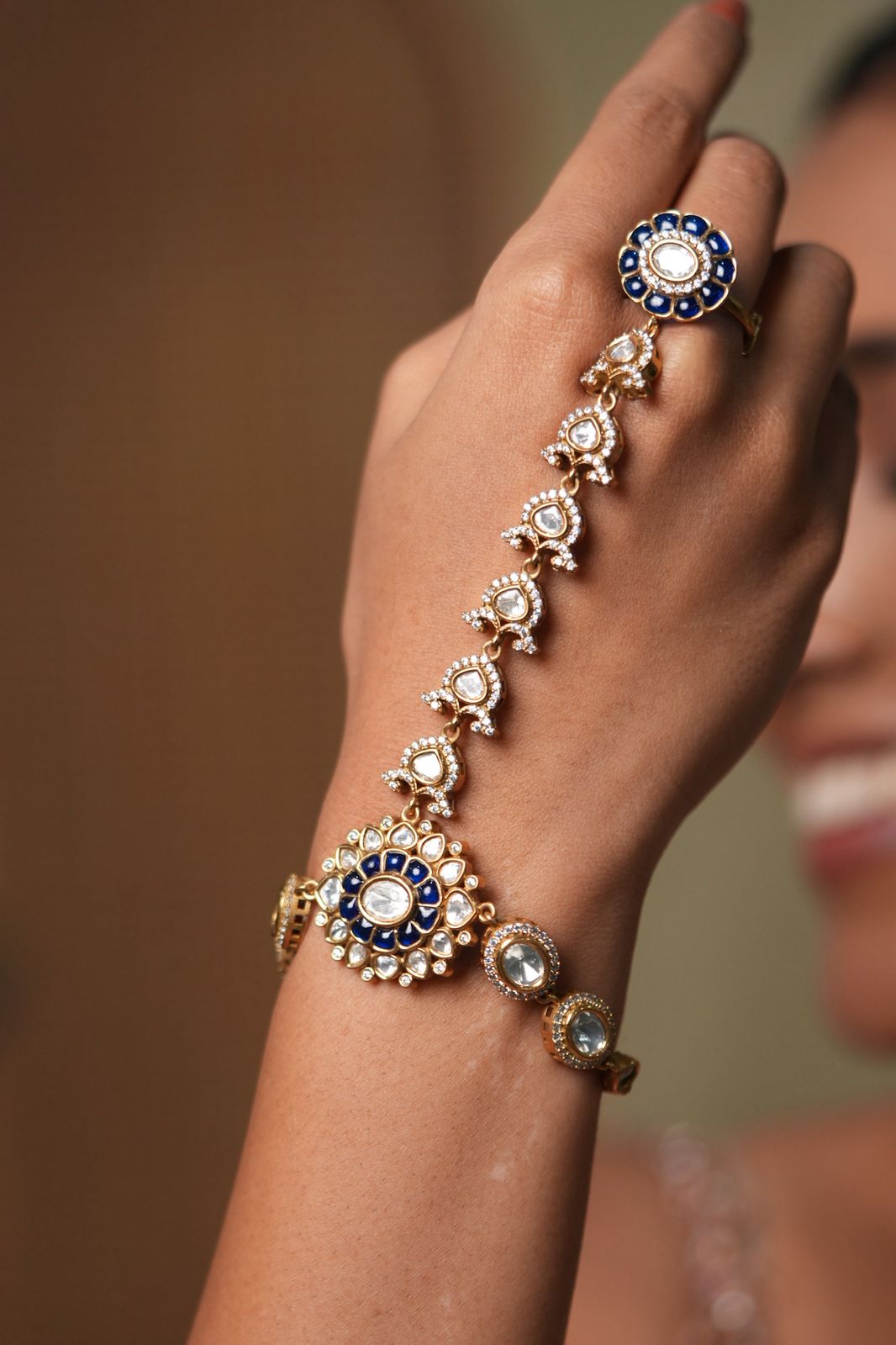 Neela Polki Moissanite uncut Hathpan | Hand harness