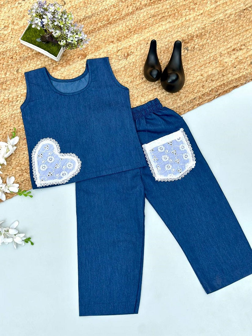 Evanik Blue Kids Denim Summer Co-Ord Set With Lace Heart & Pocket