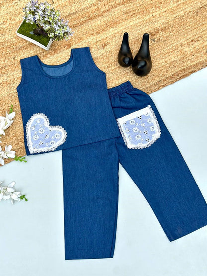 Evanik Blue Kids Denim Summer Co-Ord Set With Lace Heart & Pocket